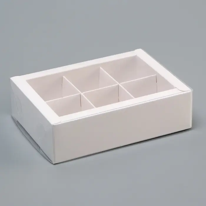 Коробка для 6 конфет, белая с прозрачной крышкой, 13.7&times;9.85&times;3.85 см