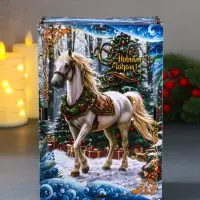 Шкатулка-ящик  самосборный малый с символом года "Белая лошадь на голубом",  20х13,6х8 см