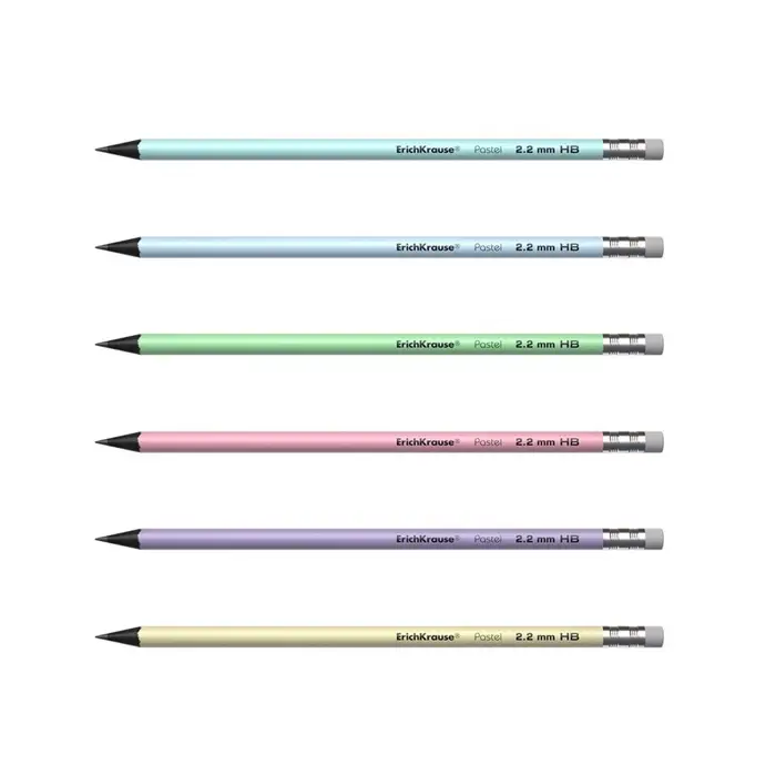 Карандаш чернографитный с ластиком ErichKrause Pastel, HB, круглый в тубусе, МИКС