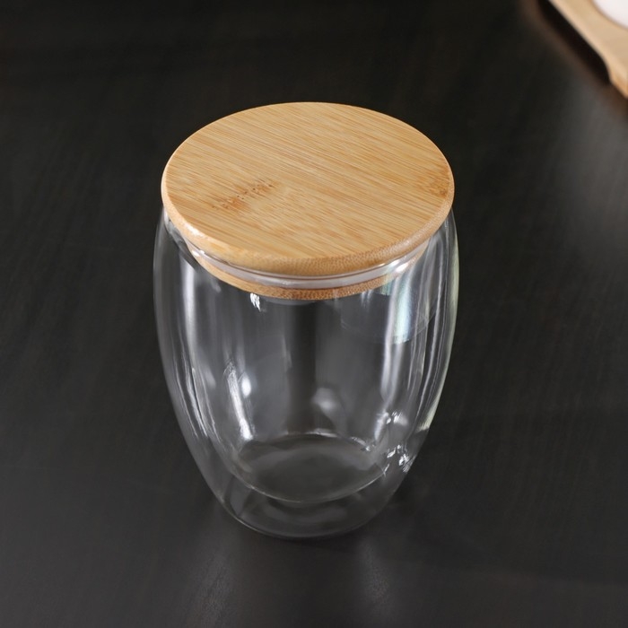 Стакан стеклянный с двойными стенками и бамбуковой крышкой BellaTenero «Эко», 330 мл Стакан стеклянный с двойными стенками и бамбуковой крышкой BellaTenero «Эко», 330 мл