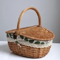 Плетёная корзина-лукошко, ткань внутри, 2 крышки, 33×25 см, Н 17/13 см, Н с ручкой 30 см, дно 23×16 см 1