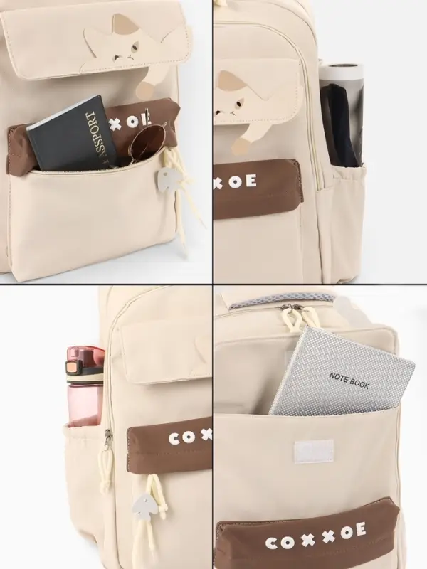 Рюкзак школьный, &laquo;Уставший кот&raquo;, 5 карманов, 2 отделения, 31&times;13.5&times;45 см, сливочный