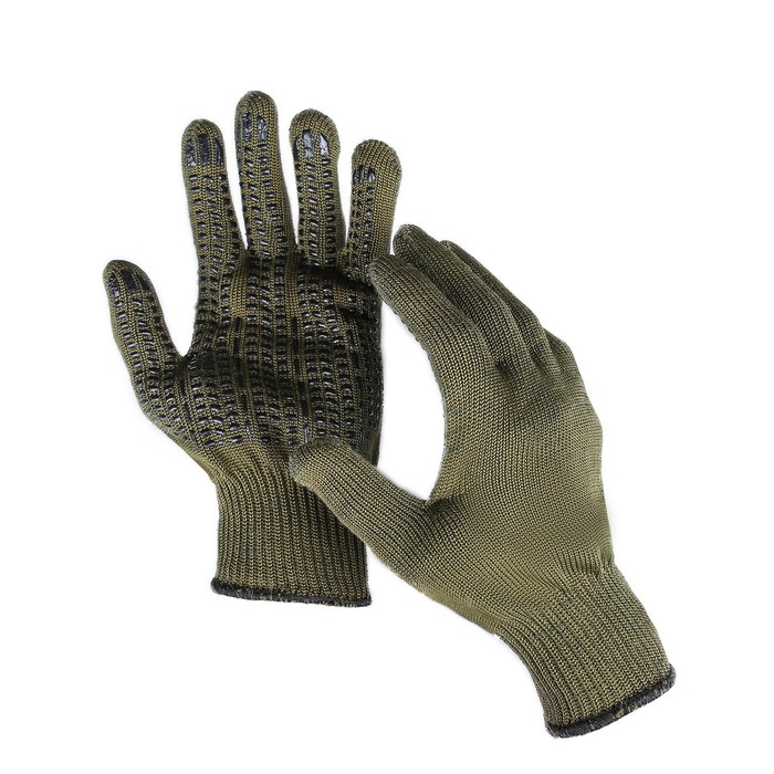 Перчатки садовые, хб, вязка 10 класс, 5 нитей, 3-слойные, размер 10, с ПВХ точками, зелёные, «Олива»