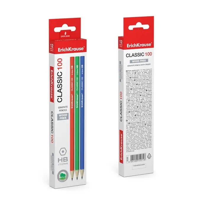 Карандаш чернографитный ErichKrause  Карандаш чернографитный ErichKrause "Classic 100", HB, грифель d=2.2 мм, пластик, шестигранный, в коробке, микс