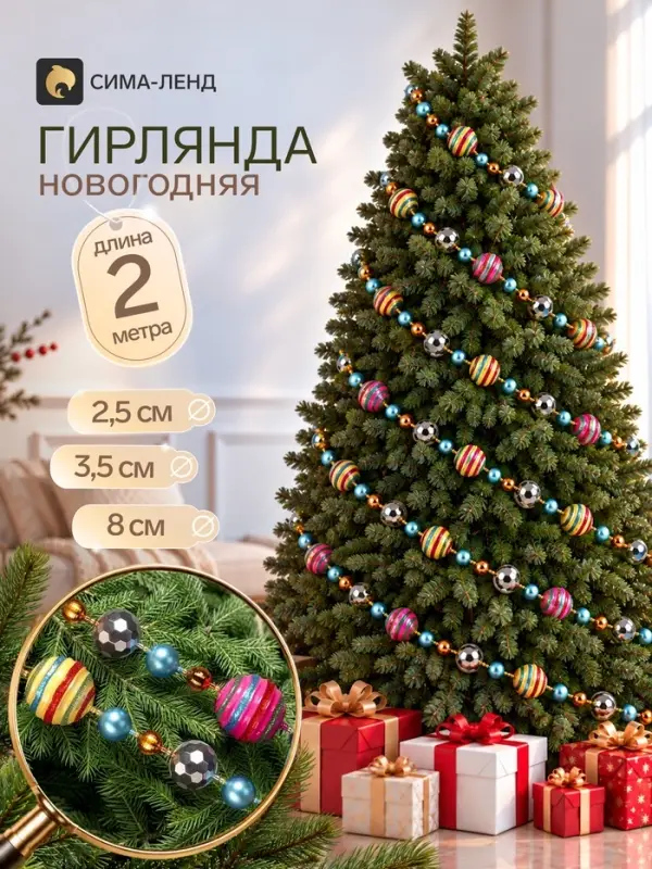 Гирлянда новогодняя 2 м &laquo;Диско колор&raquo; (шар d=2.5, 3.5, 8 см, 35 шт.)