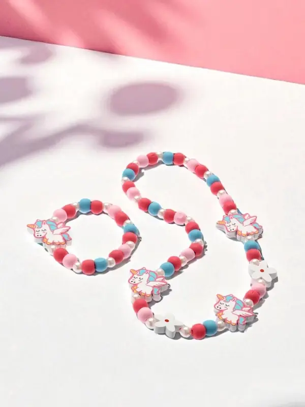 Набор детских украшений Выбражулька &laquo;Единорожки милые&raquo;, 2 предмета: бусы, браслет, розовый