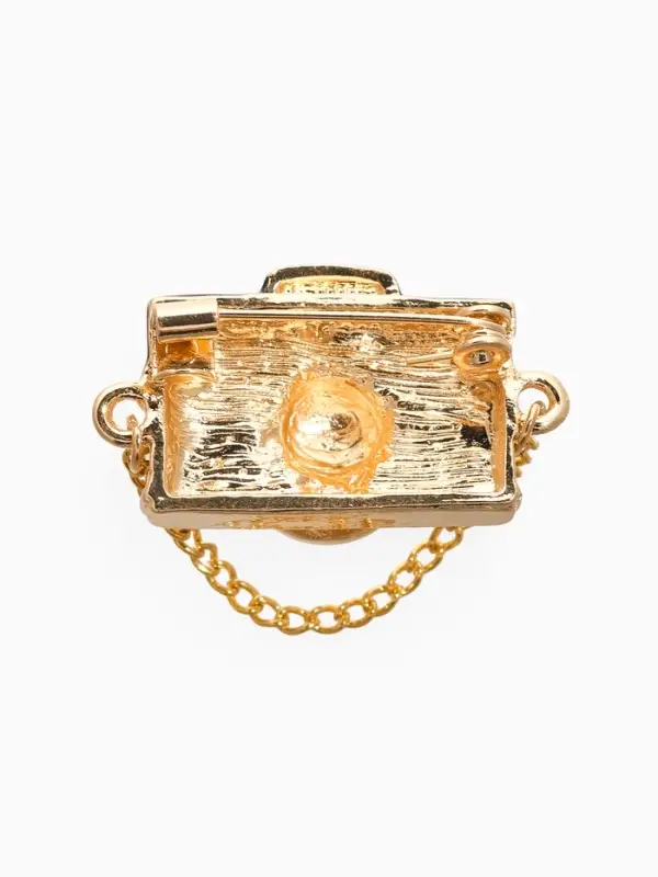 Брошь "Фотоаппарат" с жемчугом, чёрно-коричневая в золоте