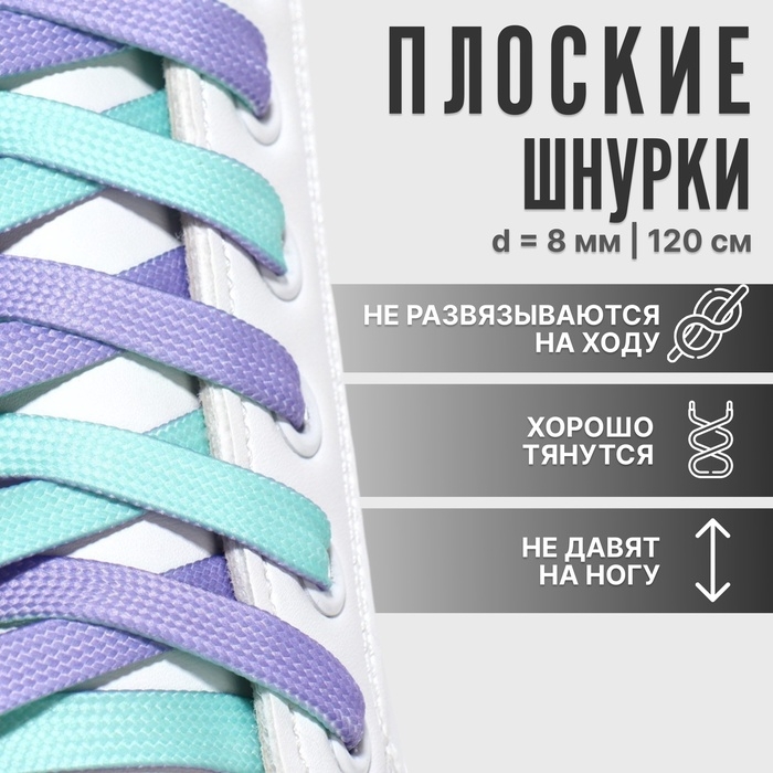 Шнурки для обуви, пара, плоские, двусторонние, 8 мм, 120 см, цвет лавандовый/мятный Шнурки для обуви, пара, плоские, двусторонние, 8 мм, 120 см, цвет лавандовый/мятный