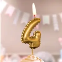 Свеча в торт на шпажке "Воздушая цифра", цифра "4", золото
