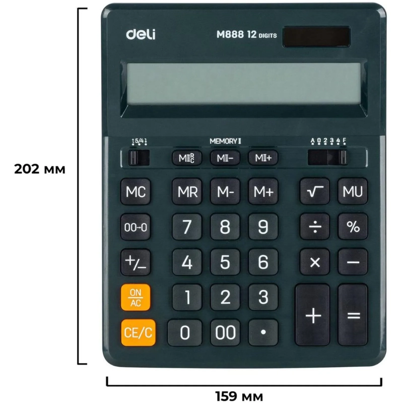 Калькулятор настольный ПОЛНОРАЗМ. Deli EM888F, 12-р,дв.пит.,202x159мм,т-зел