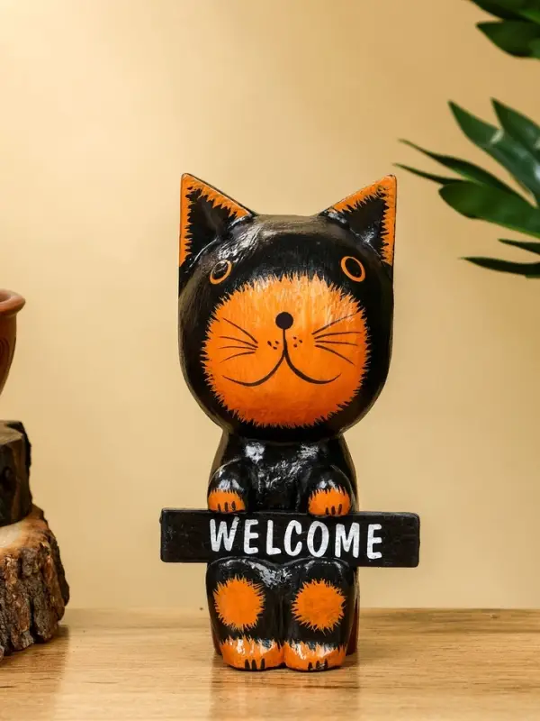 Сувенир  Сувенир "Кот с табличкой WELCOME" дерево 10х7х16 см, цв. чёрно-рыжий
