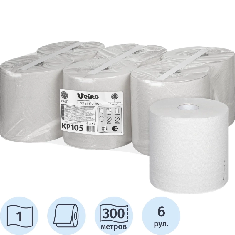 Полотенца бумажные в рул c ЦВ Veiro Professional Basic 1сл300м 6шт/уп KP105
