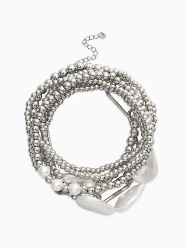 Браслет жемчуг "Барочный с цепями" (набор 7шт) , цвет белый в серебре