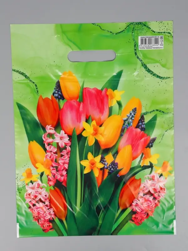 Пакет "Нежный букет" полиэтиленовый с вырубной ручкой, 30х40 см, 30 мкм