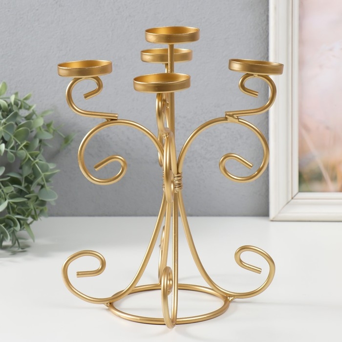 Подсвечник металл на 5 свечей "Вазон. Завитки" золото 21.5х21.5х27 см