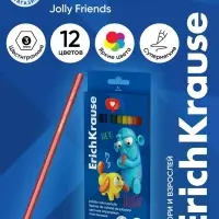 Карандаши 12 цветов ErichKrause Jolly Friends, шестигранные, пластиковые, с европодвесом
