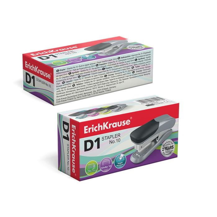 Степлер ErichKrause D1 № 10, до 20 листов, встроенный антистеплер, микс