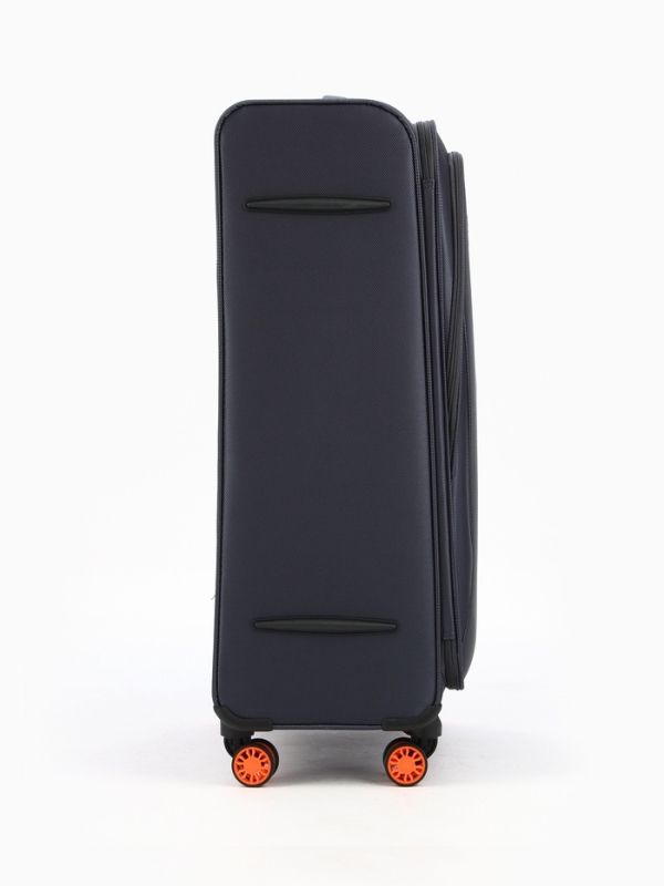 Чемодан 28 Чемодан 28", Текст, 47*31*78, отд на молнии, код замок, 4 колеса, т.серый