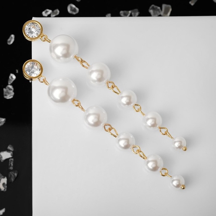 Серьги висячие Серьги висячие "Жемчуг" страза в огранке, цвет белый в золоте