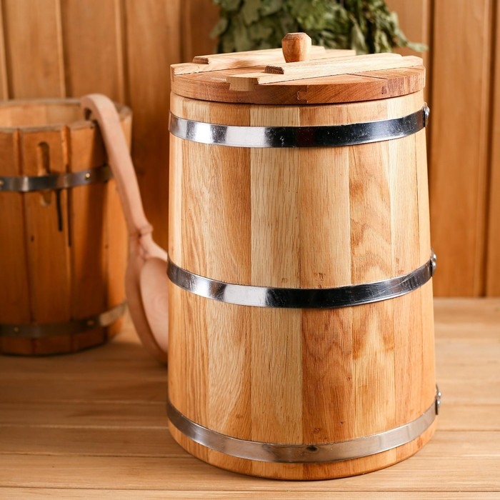 Кадка-бочка для засолки дубовая, 15 л, металлический обруч, с крышкой, с гнетом Кадка-бочка для засолки дубовая, 15 л, металлический обруч, с крышкой, с гнетом