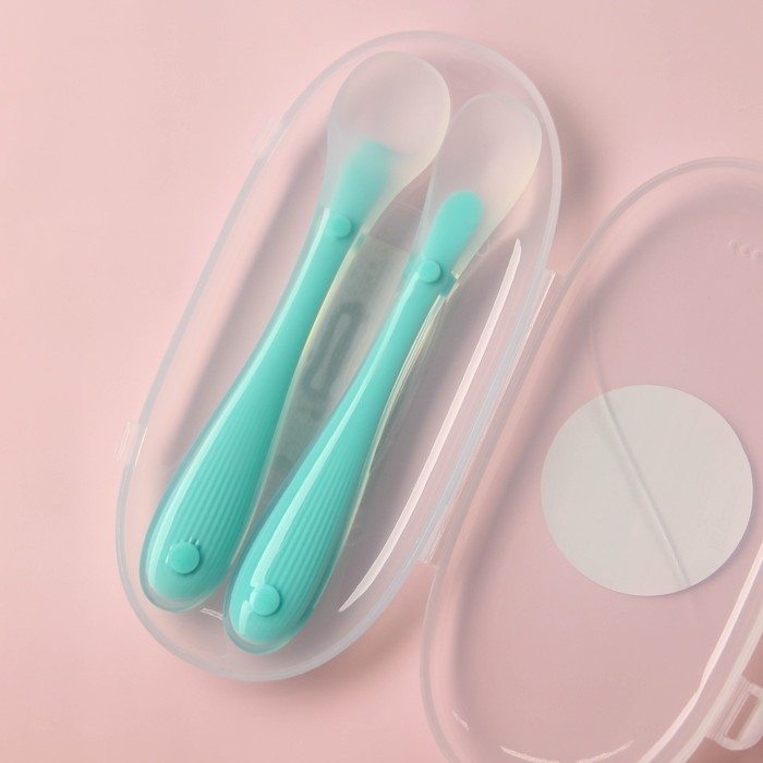 Набор силиконовых ложек для кормления, 2 шт., в контейнере, цвет бирюзовый Набор силиконовых ложек для кормления, 2 шт., в контейнере, цвет бирюзовый