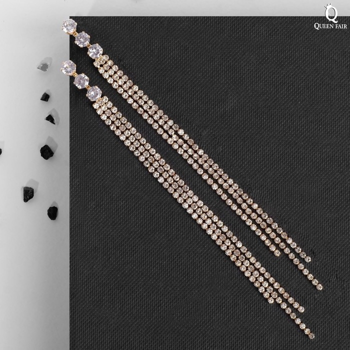 Серьги висячие со стразами «Капель» три нити, цвет белый в золоте, 14 см Серьги висячие со стразами «Капель» три нити, цвет белый в золоте, 14 см