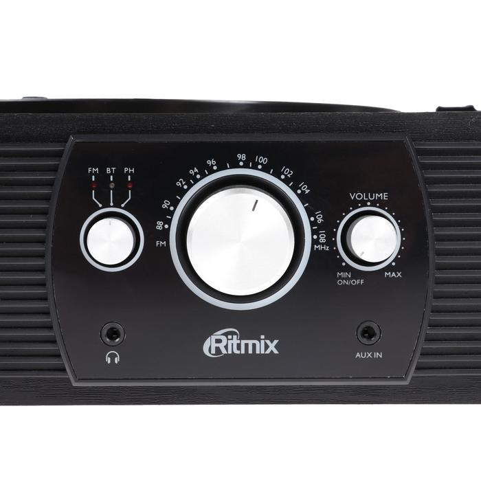 Проигрыватель виниловых дисков Ritmix LP-200B, 10 Вт, 3 скорости, BT, AUX, FM, RCA, черный Проигрыватель виниловых дисков Ritmix LP-200B, 10 Вт, 3 скорости, BT, AUX, FM, RCA, черный