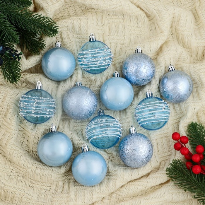 Набор шаров пластик d-6 см, 12 шт Набор шаров пластик d-6 см, 12 шт "Сказочные узоры" орбита, голубой