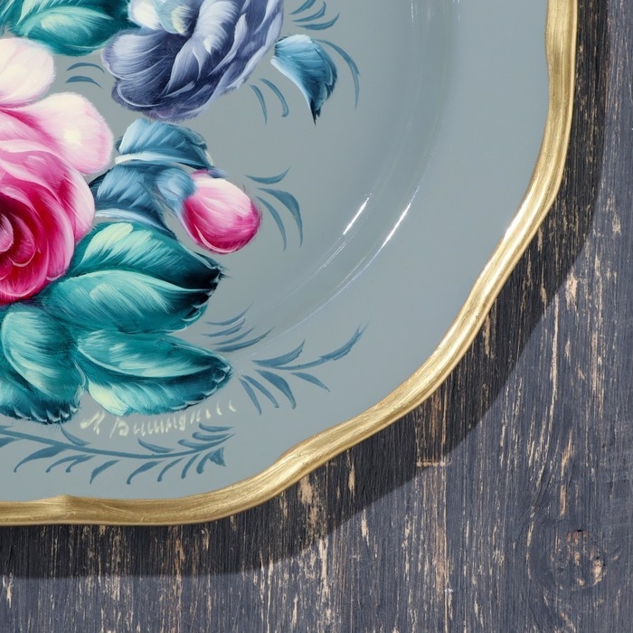 Поднос жостовский Поднос жостовский "Разноцветные Розы", тёмно-серый, круглый, D=17 см