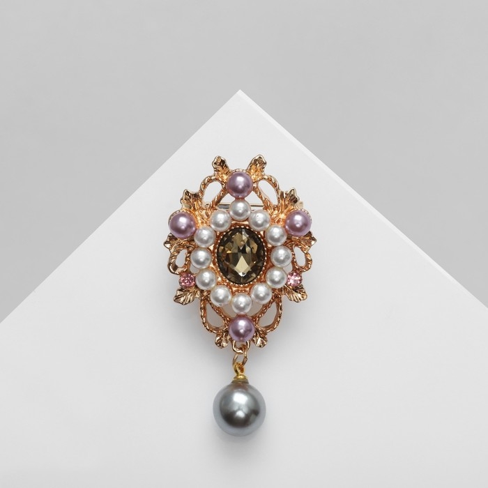 Брошь &laquo;Императрица&raquo; барокко, цвет бело-серый в золоте