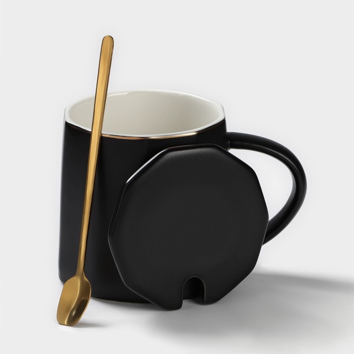 Кружка керамическая с ложкой Simple, 350 мл, цвет чёрный Кружка керамическая с ложкой Simple, 350 мл, цвет чёрный