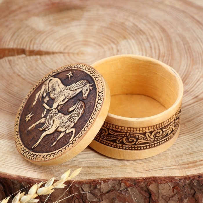 Шкатулка  Шкатулка "Лошадки", круглая, береста, микс