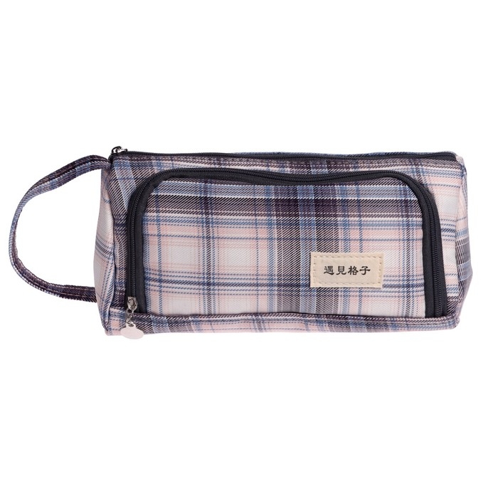 Пенал мягкий 2 отделения, 95 х 210 х 90 мм, объёмный с откидной планкой, с ручкой, Calligrata, Пенал мягкий 2 отделения, 95 х 210 х 90 мм, объёмный с откидной планкой, с ручкой, Calligrata, "Шотландка", серо-розовая