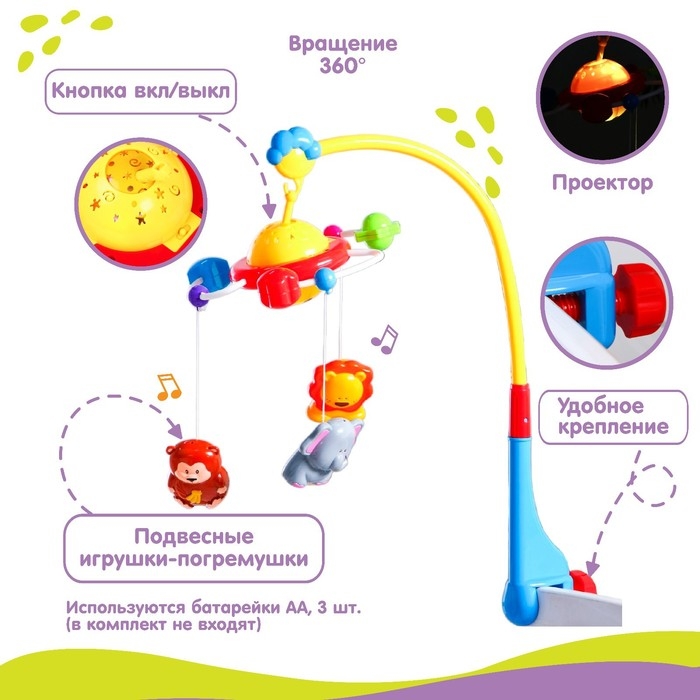 Мобиль музыкальный на кроватку «Джунгли», с ночником Мобиль музыкальный на кроватку «Джунгли», с ночником