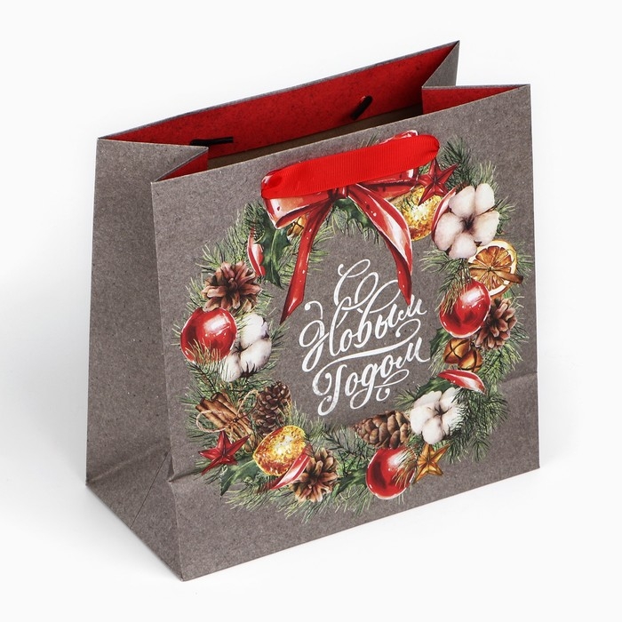 Пакет подарочный новогодний крафтовый квадратный «С Новым Годом», 22 х 22 х 11см, Новый год Пакет подарочный новогодний крафтовый квадратный «С Новым Годом», 22 х 22 х 11см, Новый год