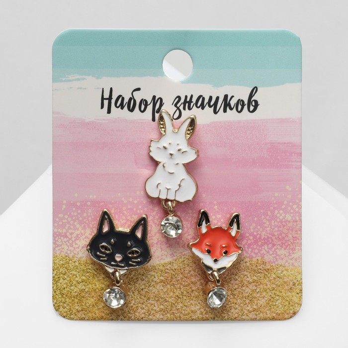 Набор значков (3 шт.) «Зверинец», форма МИКС, цветные в золоте Набор значков (3 шт.) «Зверинец», форма МИКС, цветные в золоте