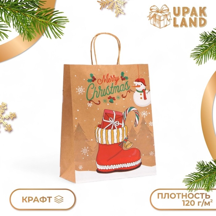 Новый год. Пакет бумажный подарочный новогодний крафт Новый год. Пакет бумажный подарочный новогодний крафт"Батинок с леденцами", 33 × 26 × 12 см.