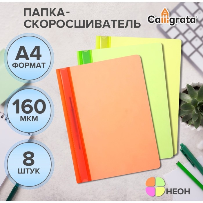 Набор папок-скоросшивателей А4, Calligrata Neon, 160 мкм, 8 штук, МИКС, прозрачный верх Набор папок-скоросшивателей А4, Calligrata Neon, 160 мкм, 8 штук, МИКС, прозрачный верх