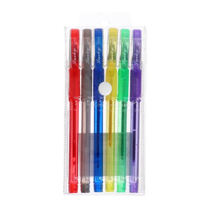 Набор гелевых ручек, 6 цветов, с блёстками, с резиновым держателем, в блистере Набор гелевых ручек, 6 цветов, с блёстками, с резиновым держателем, в блистере