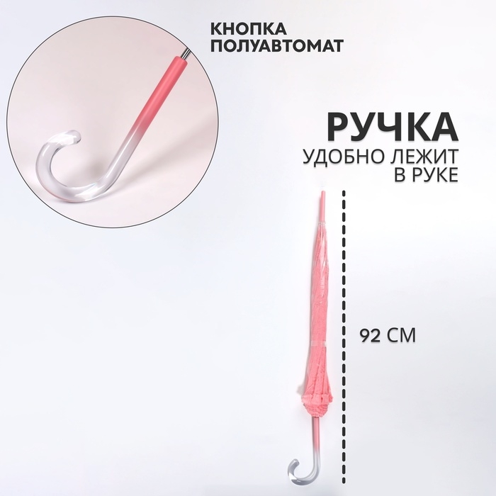 Зонт - трость полуавтоматический «Кружево», 8 спиц, R = 40/58 см, D = 116 см, цвет розовый/прозрачный Зонт - трость полуавтоматический «Кружево», 8 спиц, R = 40/58 см, D = 116 см, цвет розовый/прозрачный