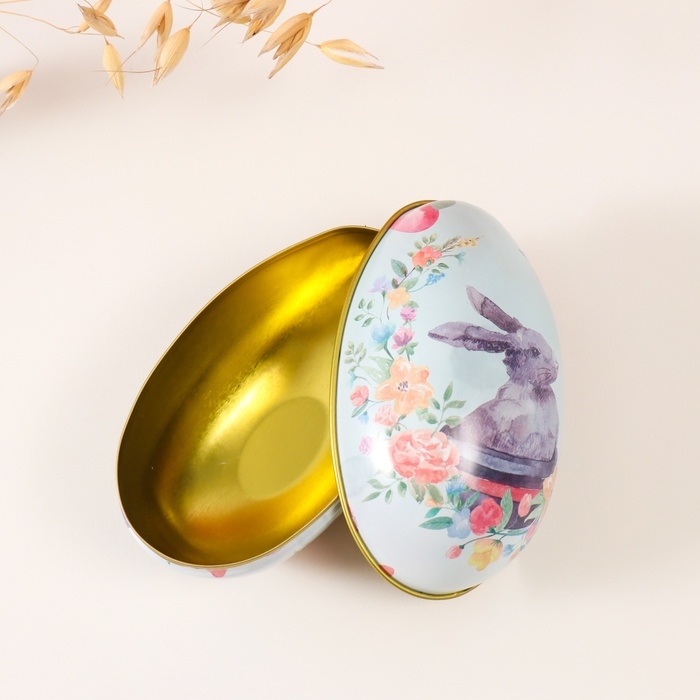 Шкатулка металл яйцо  Шкатулка металл яйцо "Пасхальный зайка в горшке" 7х6,5х11 см