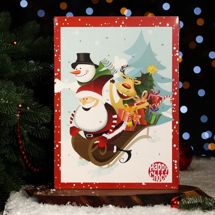 Новый год. Адвент-календарь с мини-плитками из молочного шоколада Новый год. Адвент-календарь с мини-плитками из молочного шоколада "Счастливый санта", МИКС, 50 г