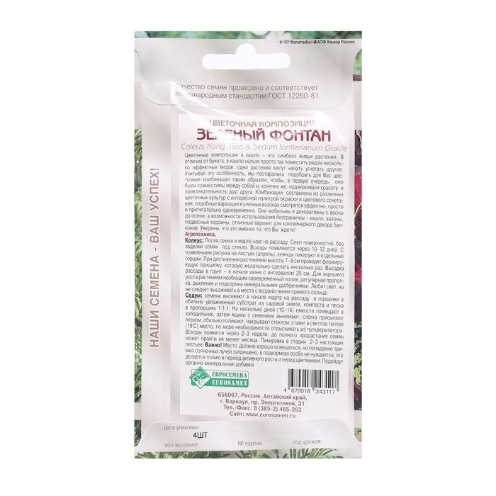 Семена Цветов Цветочная композиция Зеленый Фонтан, 4 шт Семена Цветов Цветочная композиция Зеленый Фонтан, 4 шт