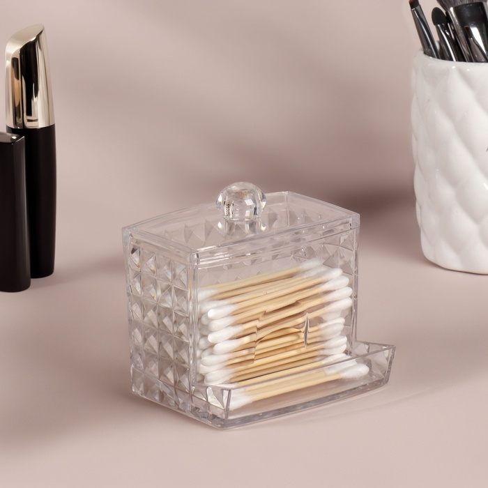 Органайзер для ватных палочек, с крышкой, 8,8 × 7,5 × 8 см, в картонной коробке, цвет прозрачный Органайзер для ватных палочек, с крышкой, 8,8 × 7,5 × 8 см, в картонной коробке, цвет прозрачный