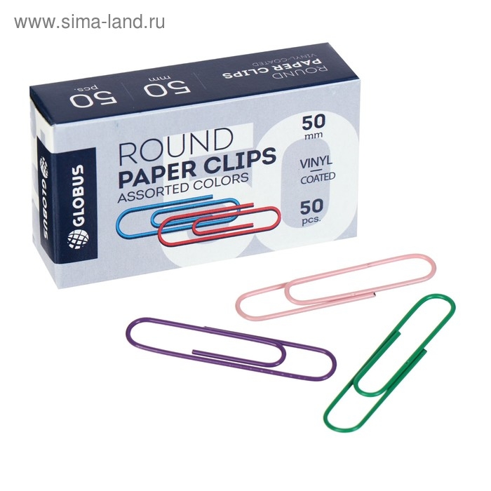 Скрепки канцелярские GLOBUS, 50 шт., 50 мм, цветные Скрепки канцелярские GLOBUS, 50 шт., 50 мм, цветные