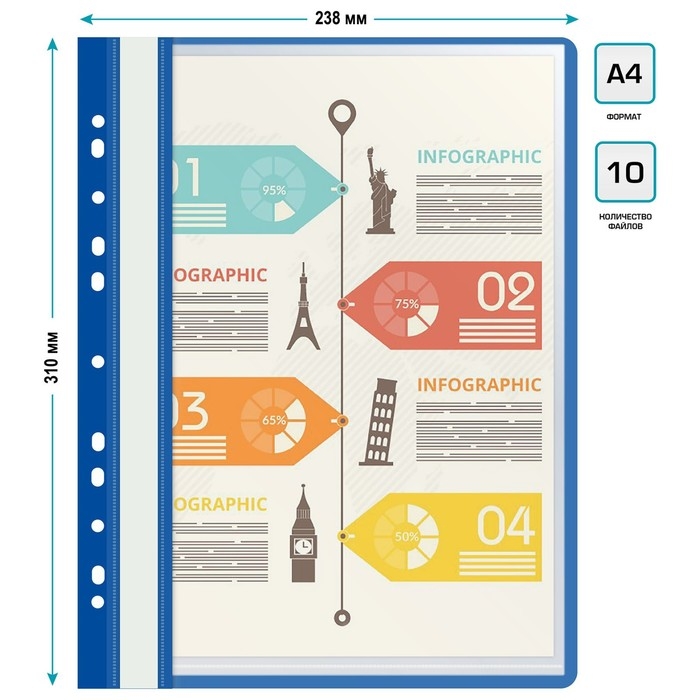 Папка с 10 вкладышами А4, 160 мкм, Calligrata, с перфорацией, синяя Папка с 10 вкладышами А4, 160 мкм, Calligrata, с перфорацией, синяя