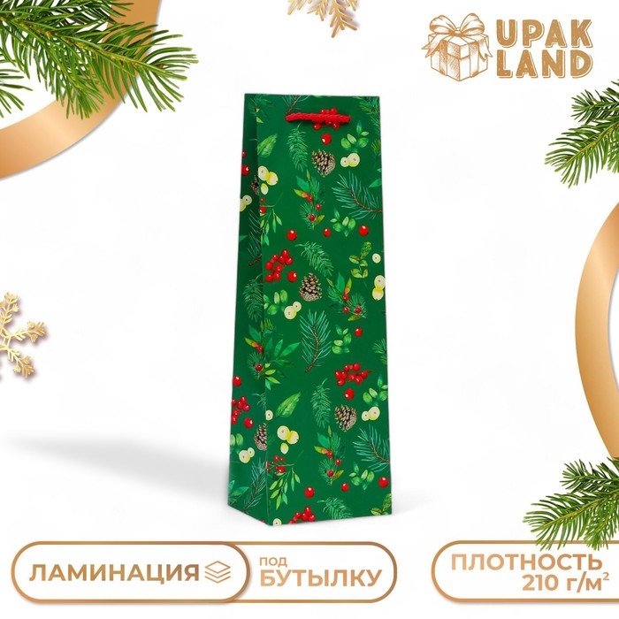 Новый год. Пакет подарочный новогодний под бутылку, упаковка Новый год. Пакет подарочный новогодний под бутылку, упаковка "Веточки", 12 х 36 х 8,5 см.