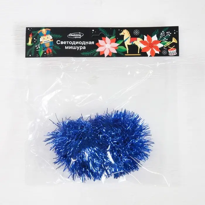 Гирлянда «Мишура» 1 м роса, IP20, синяя нить, 22 LED, 6 слоёв, d=7 см, батарейки CR2032х2 (в комплекте), свечение белое