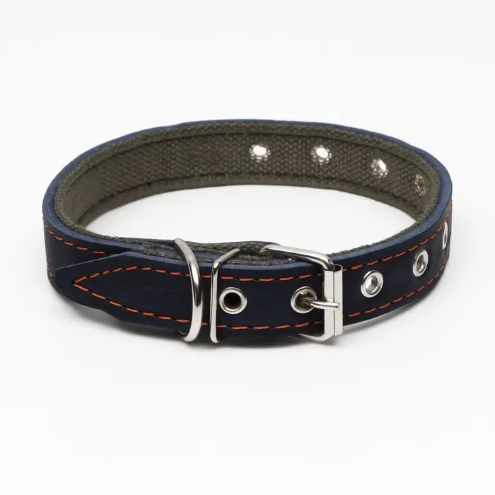 Ошейник комбинированный, безразмерный, 54&times;2.5 см, ОШ 17-45 см, кожа, брезент, синий