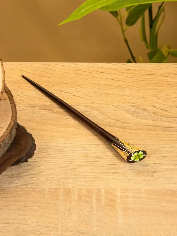 Заколка для волос "Цветок" дерево Албезия, 17 см, цв. чёрно-зелёный